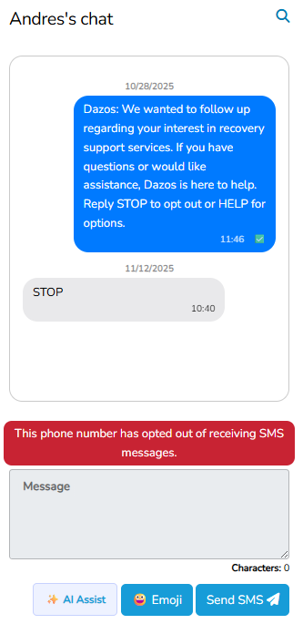 CRM screenshot: subscriber opted out of SMS